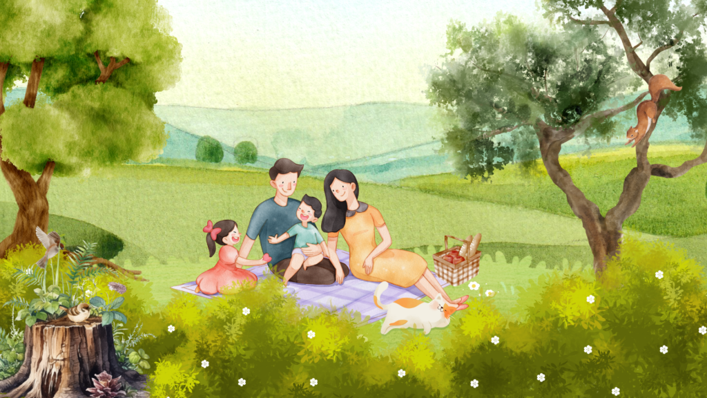 Family circle enjoying a peaceful picnic in a green park with kids, nature, and a cat nearby — illustration for children or wellness themes