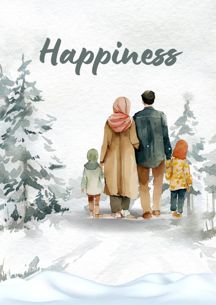 Family circle walking together in a snowy forest, dressed in winter clothes — Muslim family illustration symbolizing happiness and unity