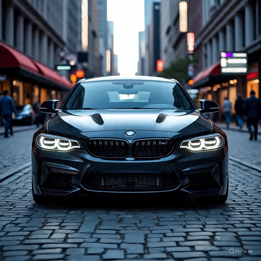 A sleek black BMW M series Chassis Code car parked on a city street, with glowing headlights and a modern urban backdrop.